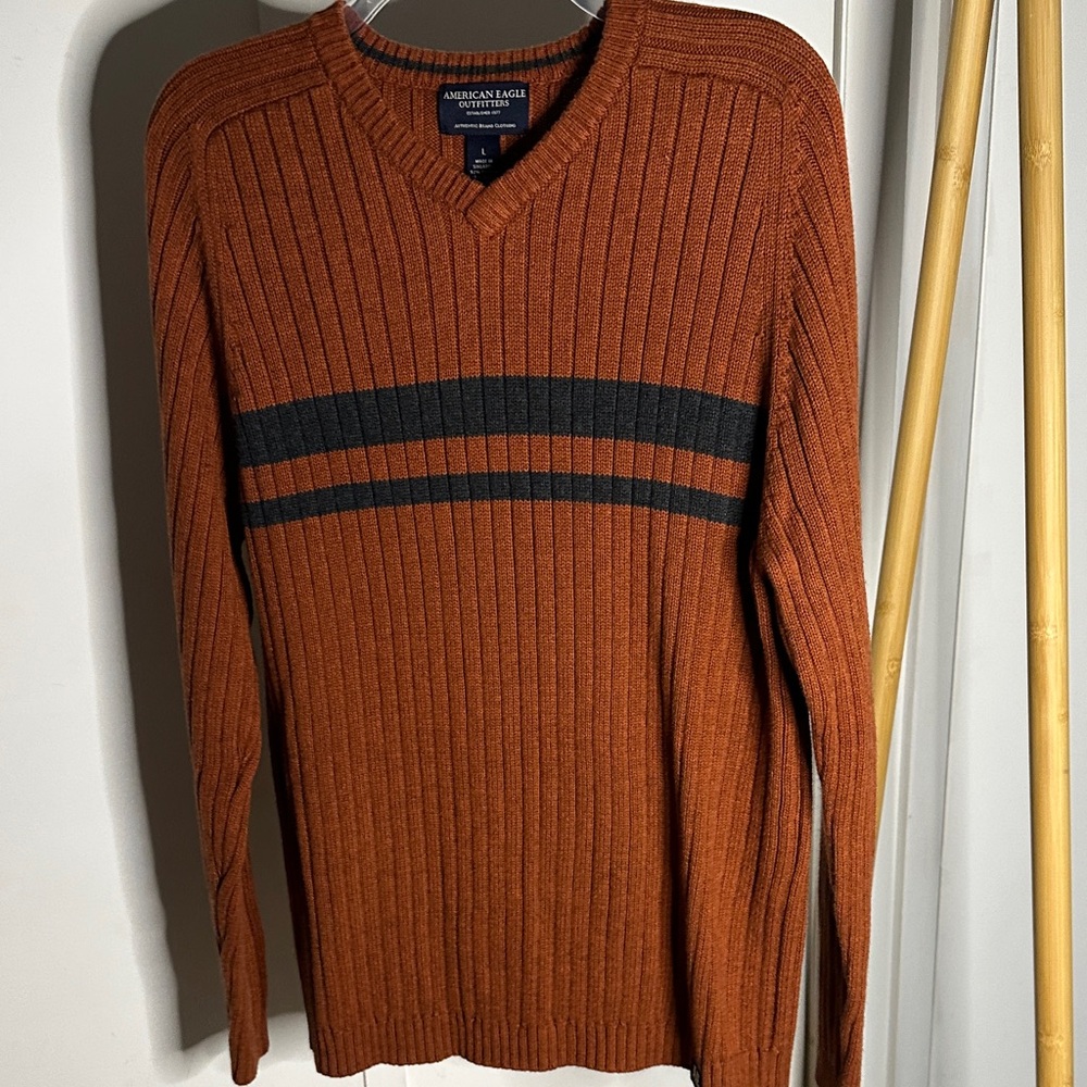 American Eagle Outfitters Men's V-Neck Rust‎ Sweater with navy stripe - Picture 3 of 10